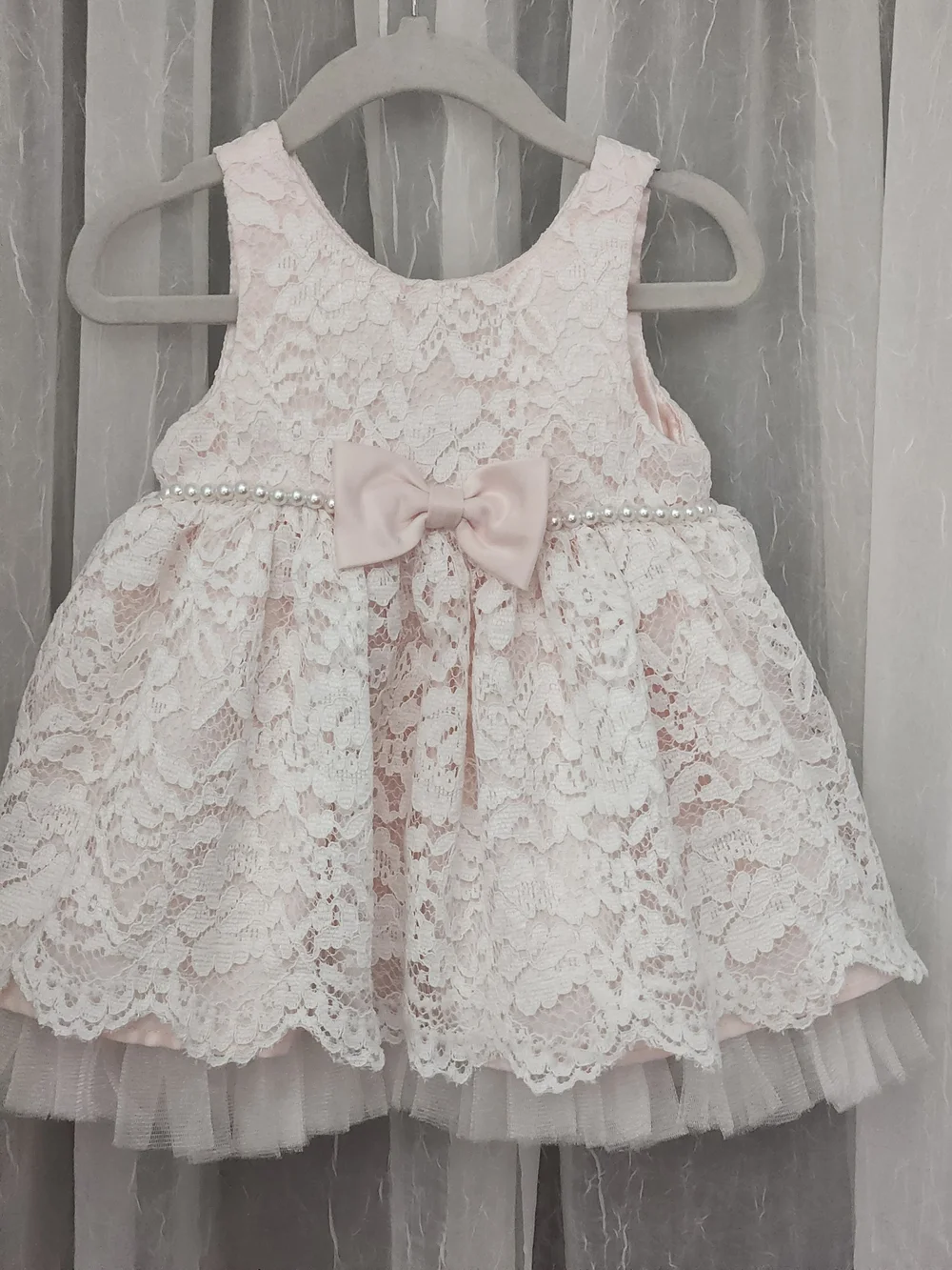 American Princess Pale Pink Lace Pearl-Trim Dress, S-18mons, EPreLC